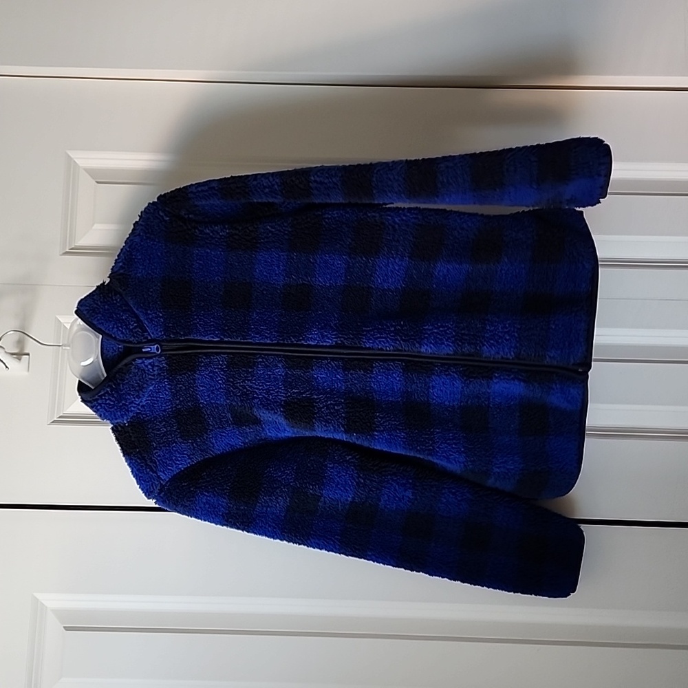 Joe Fresh, Fleece "Teddy" Blue and Black Checkered Zip-up Jacket for Kids, L